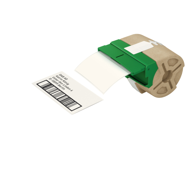 Etikettendrucker mit einem gedruckten Etikett. Das Etikett ist weiß mit schwarzem Text und einem Barcode.