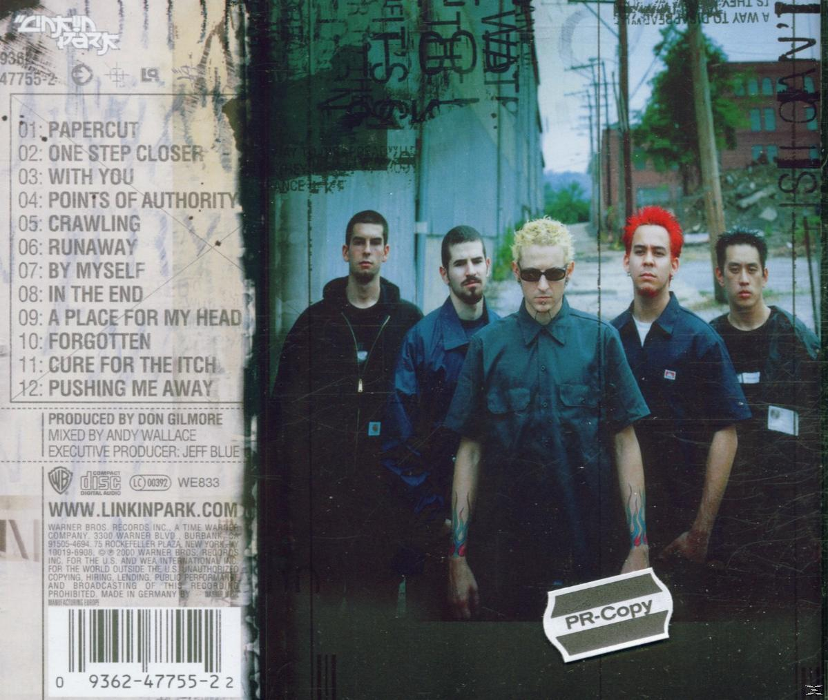 Albumcover für Linkin Park. Bandmitglieder vor einer Graffiti-Wand.