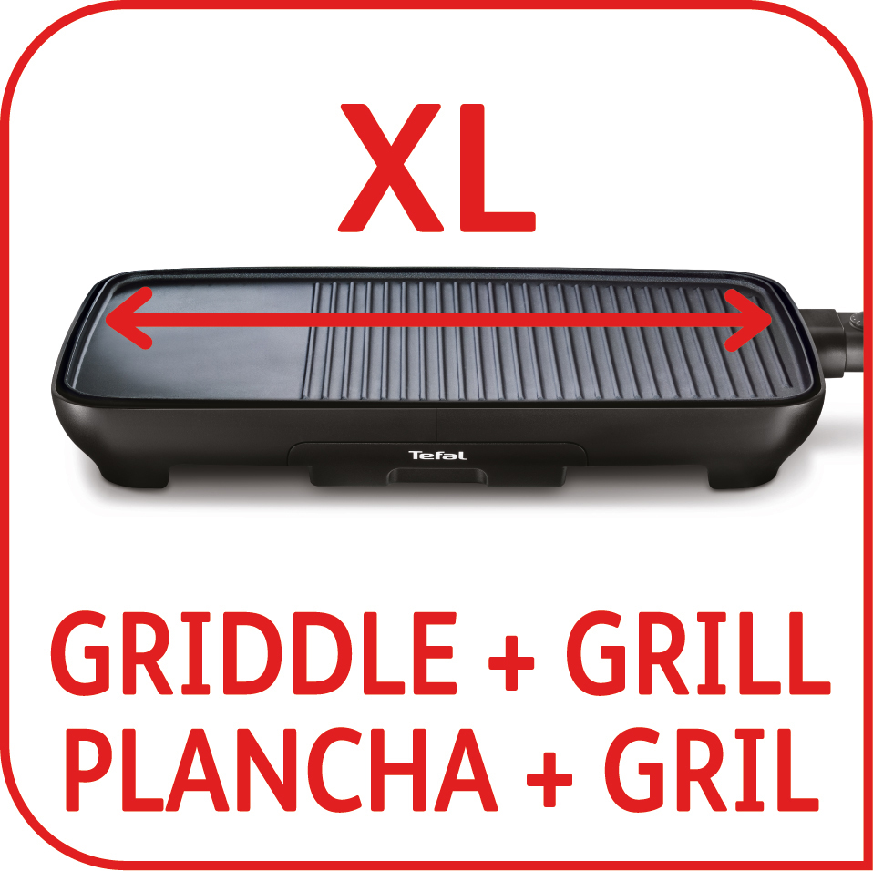 Schwarzer Tefal Grill mit rotem XL-Text. Pfeile zeigen Grillfläche.