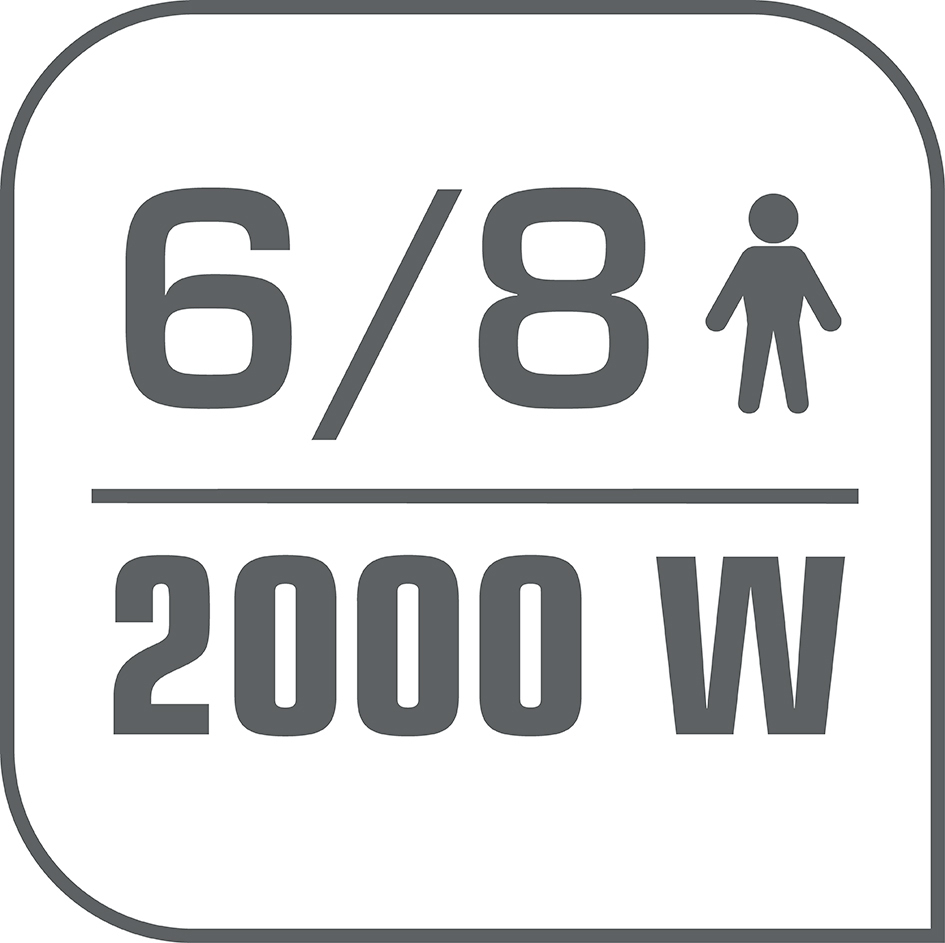 Ein Schild mit den Zahlen "6/8", einer Strichmännchenfigur und "2000 W" in einem abgerundeten Rechteck.