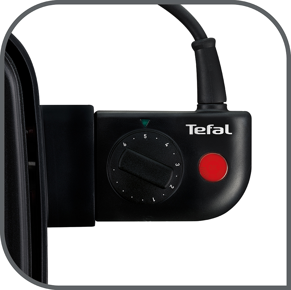 Schwarzes Tefal-Bedienfeld mit einer Skala von 1 bis 5, einem roten Knopf und einem Netzkabel.
