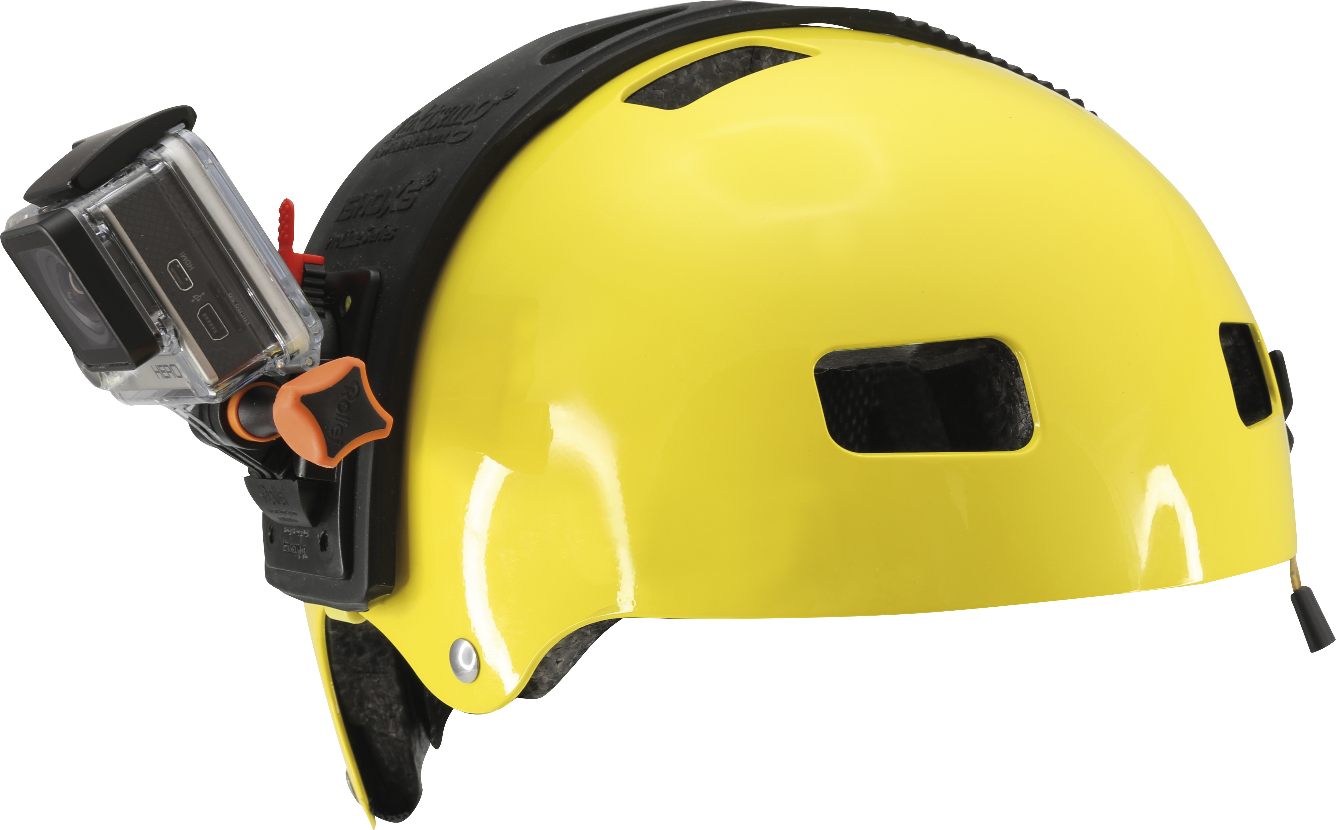 A yellow helmet with a black top and a GoPro camera mounted on the side.