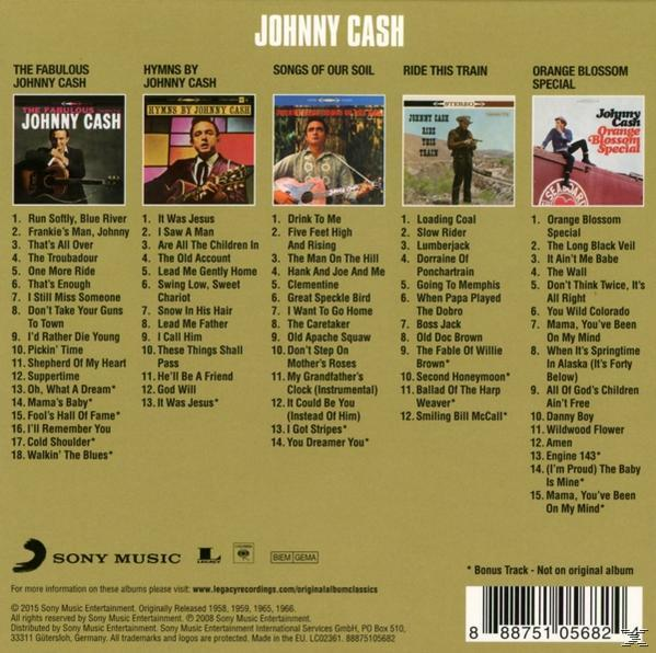 Johnny Cash Albumcover mit verschiedenen Albumcovern und Titellisten. Unterschiedliche Farben und Stile.