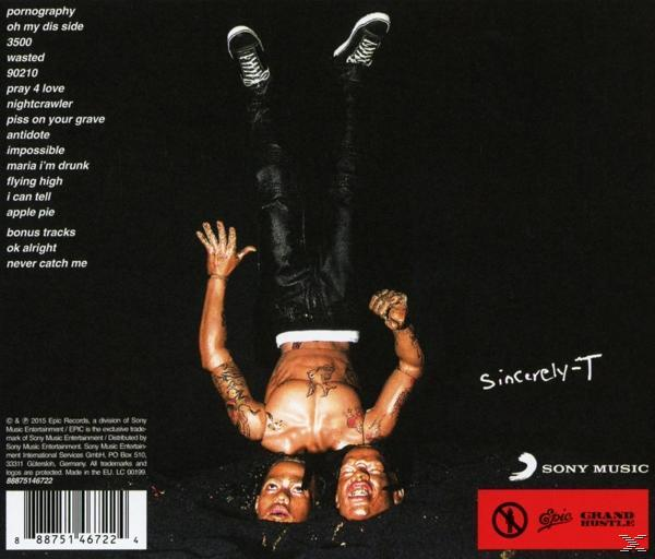 Albumcover mit einem kopfüber hängenden Mann, Tattoos und zwei Köpfen unten. Schwarzer Hintergrund mit Songtiteln.