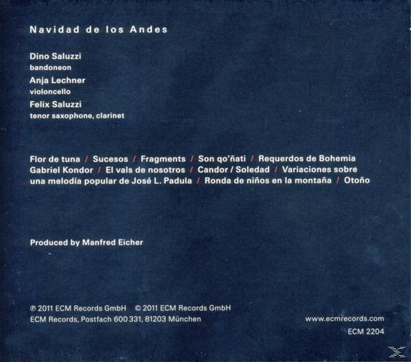 Albumcover mit Text Navidad de los Andes und Titelliste auf Spanisch, blauer Hintergrund.