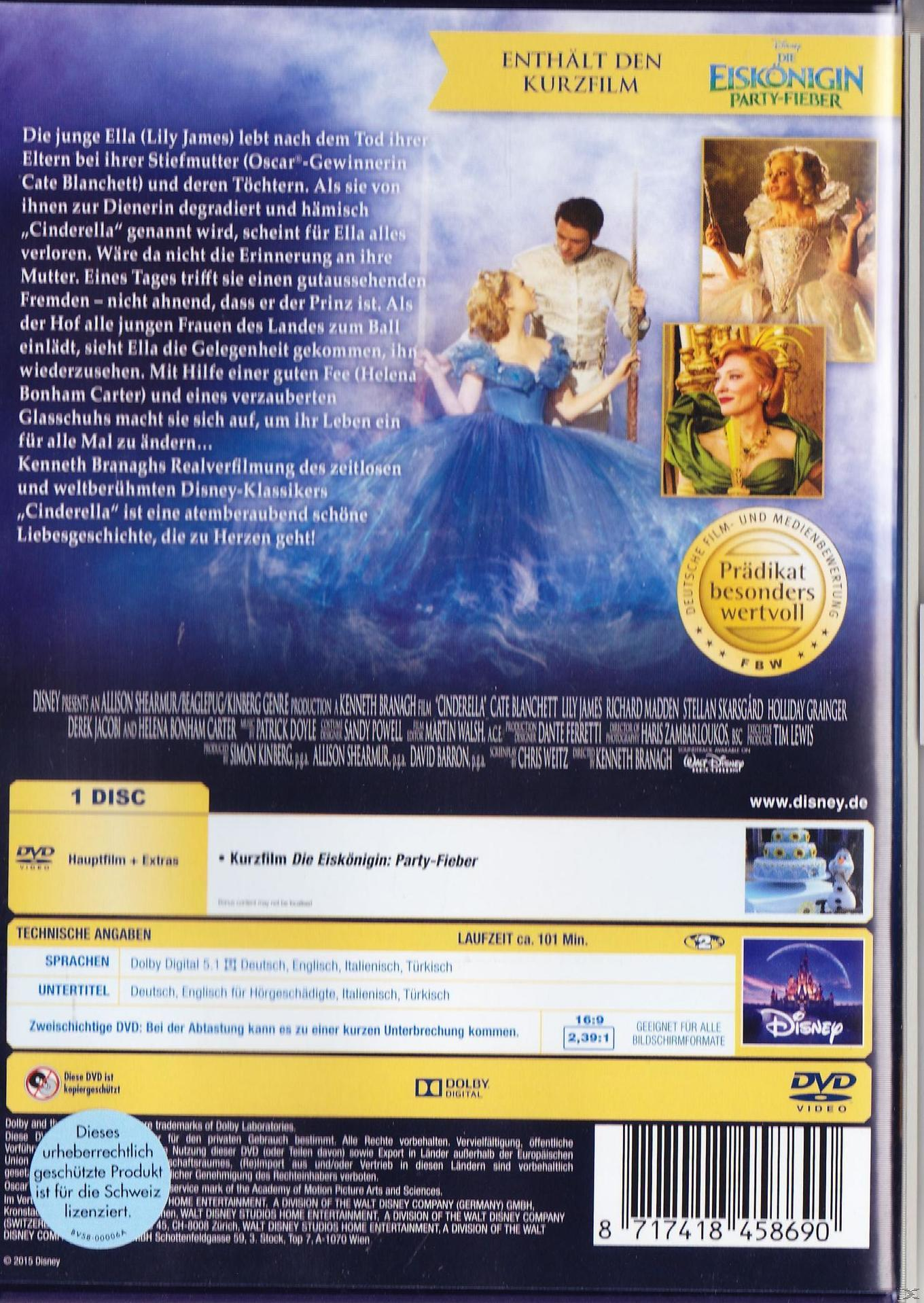 DVD-Cover für den Film 'Cinderella' mit Text auf Deutsch. Enthält ein Bild von Cinderella und einem Schloss.