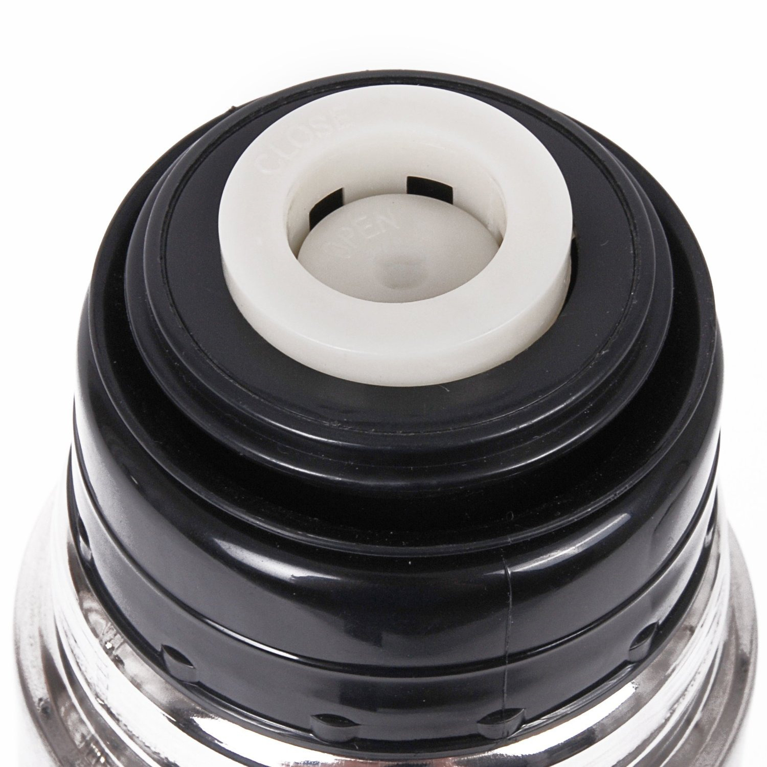 Top view of a black and silver thermal flask. White cap with an open section.