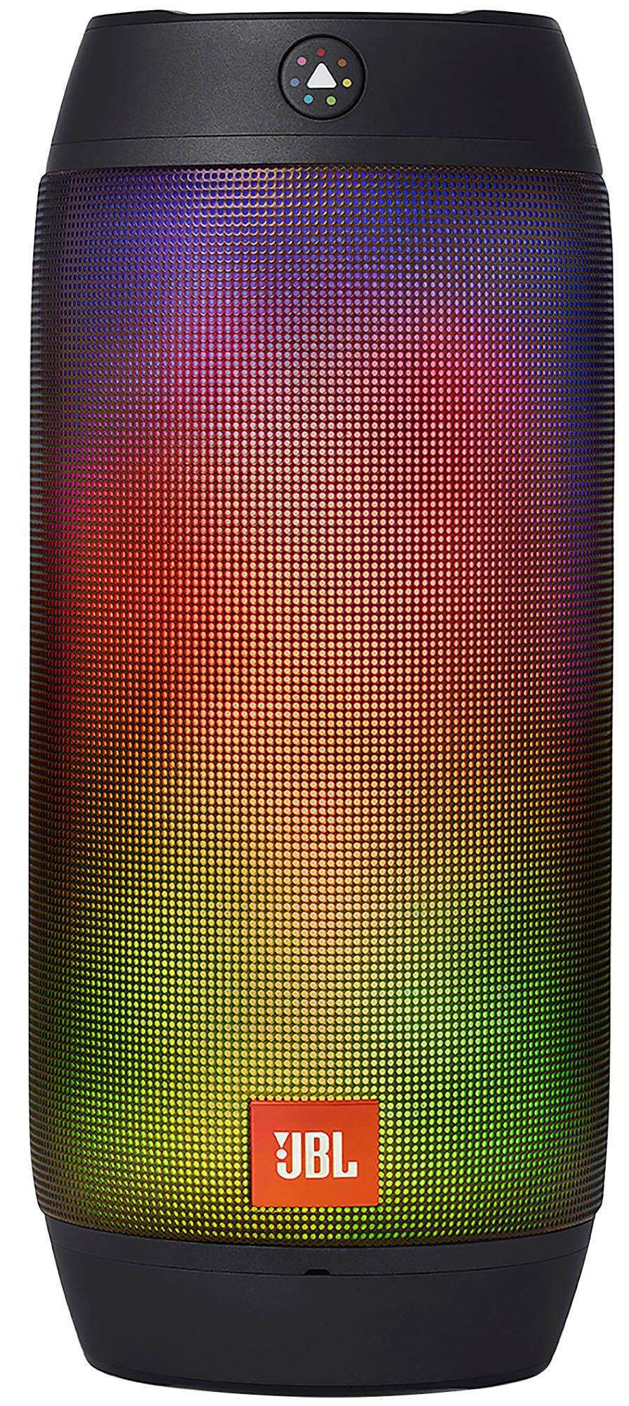 Czarny głośnik ze zmieniającymi kolor światłami. Logo JBL jest pomarańczowe.