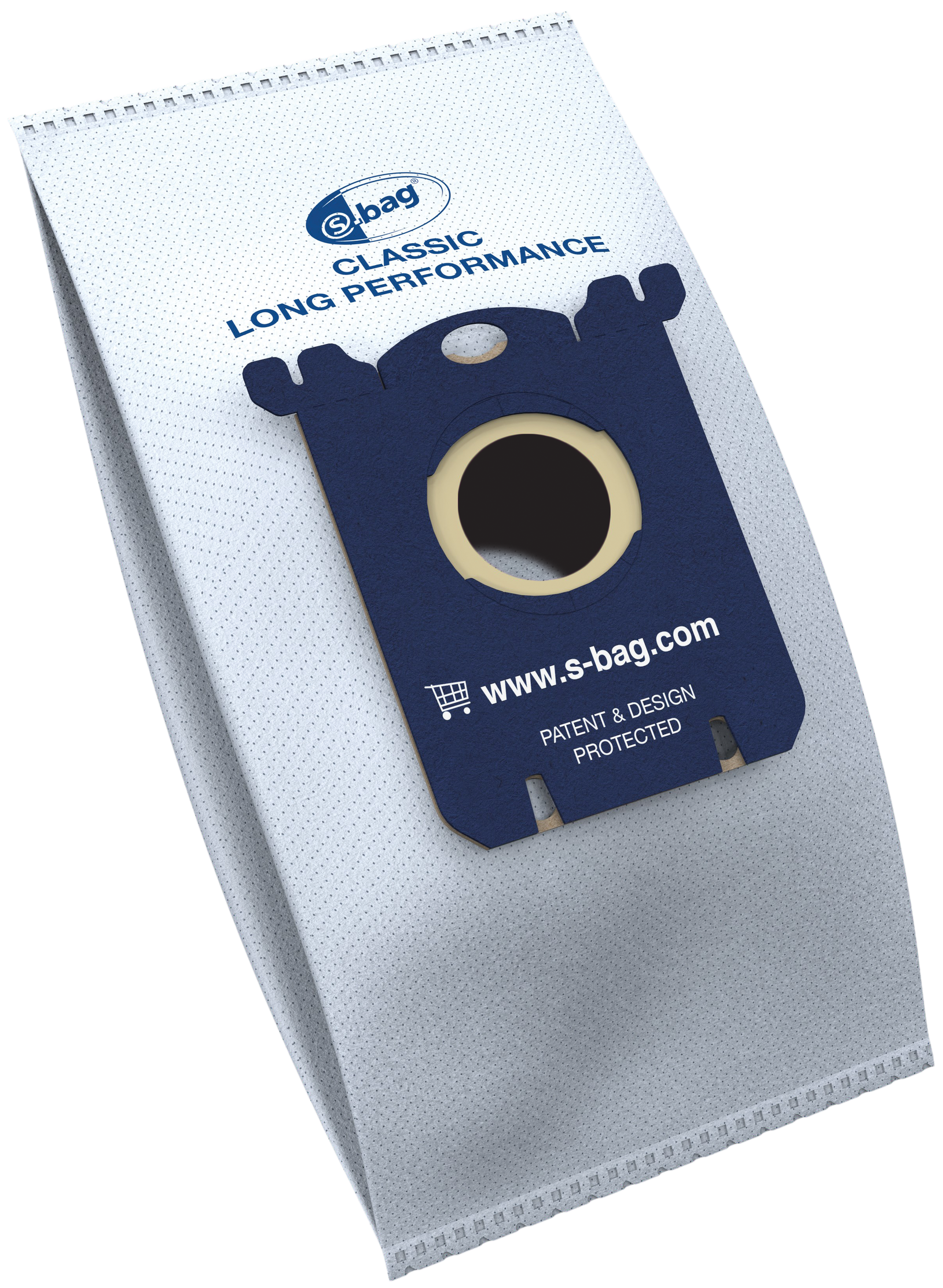Vacuum cleaner bag, white with blue details. Text and logo visible.