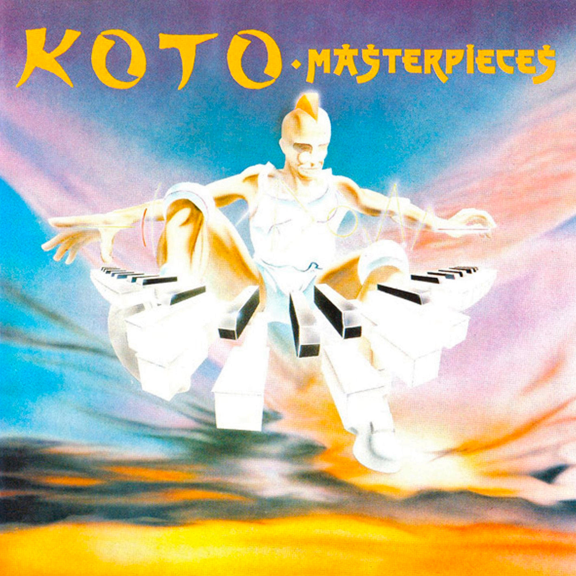 Albumcover mit einer Figur, die Klavier spielt, mit buntem Hintergrund.