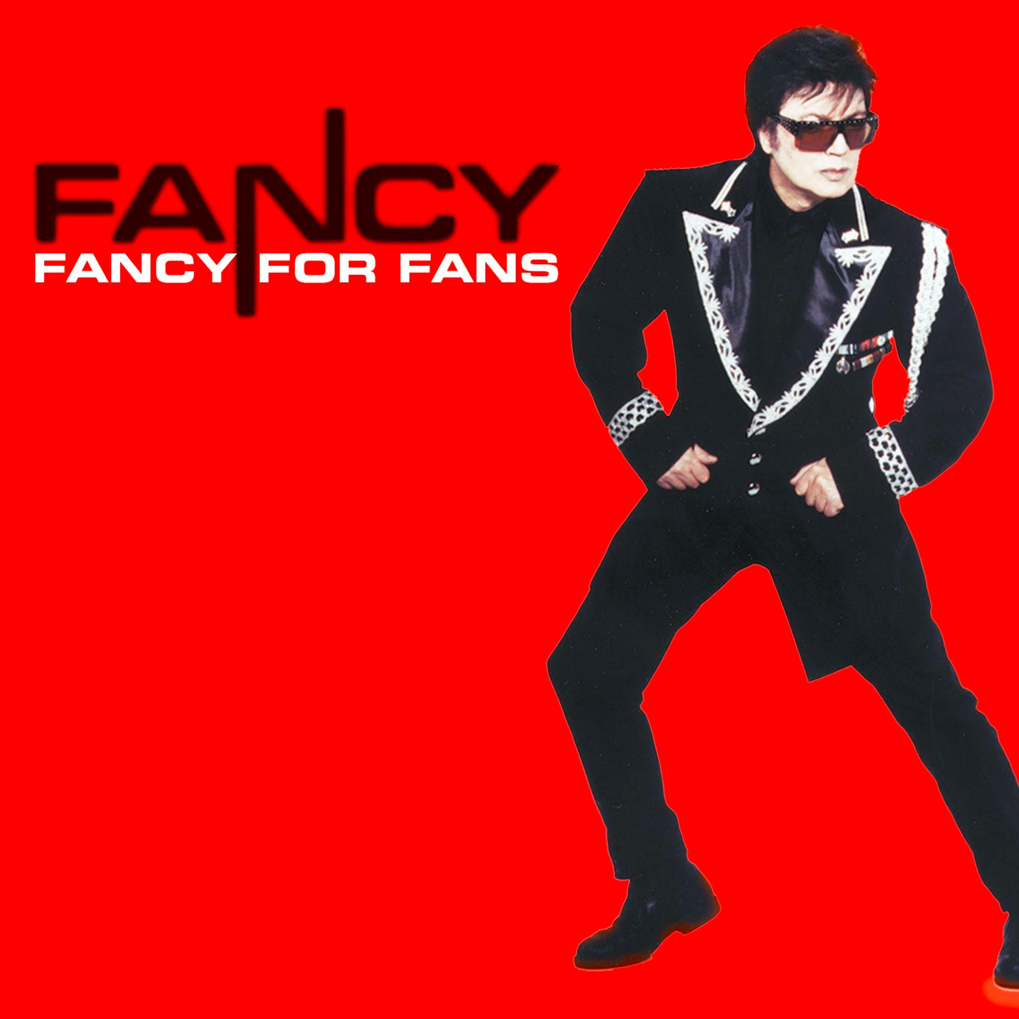 Fancy For Fans Albumcover. Mann in schwarzem Anzug, roter Hintergrund. Fettgedruckter, stilisierter Text.