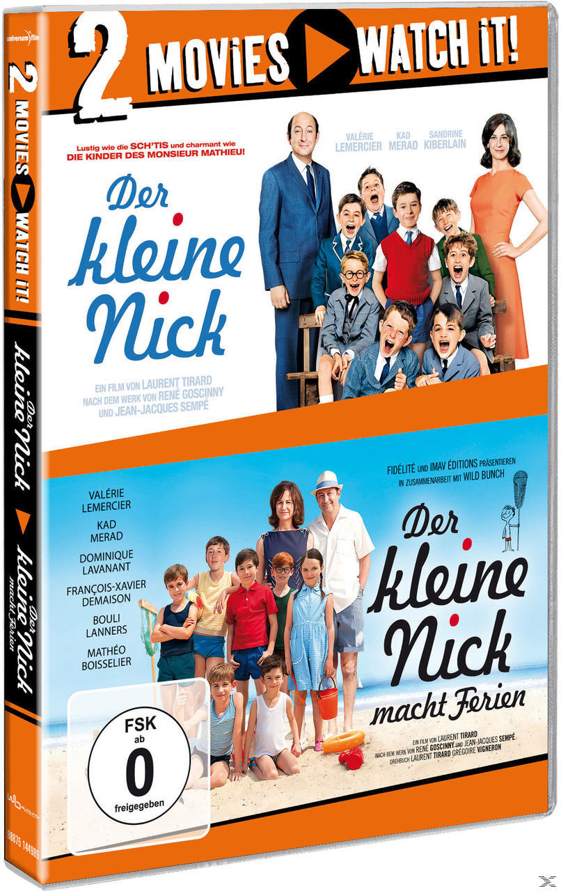 DVD-Hülle für den Film Der kleine Nick. Zeigt eine Gruppe von Jungen in Anzügen und eine Frau in einem orangefarbenen Kleid.