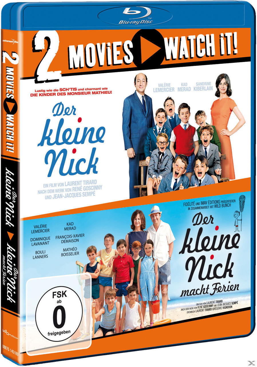 "Der kleine Nick" Blu-ray-Cover. Gruppe von Kindern und Erwachsenen. Orange-blaues Design.