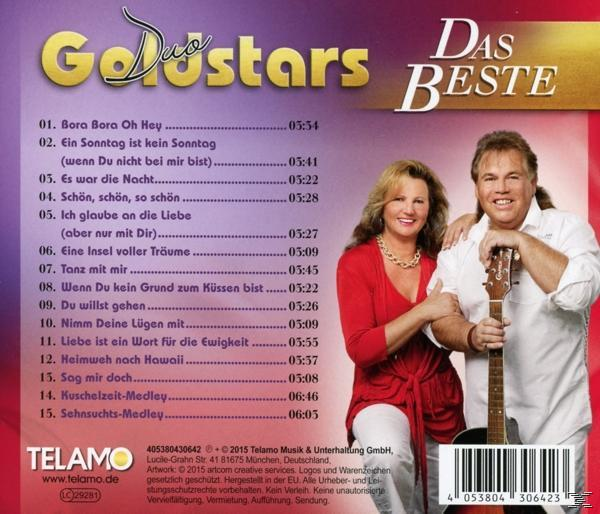 CD-Cover mit zwei Personen, Titelliste links. Text: Duo Goldstars, Das Beste.