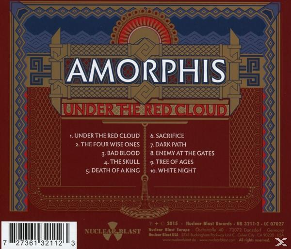 'Amorphis - Under the Red Cloud' album borítója. Szöveg és dizájn, piros és arany színvilággal.