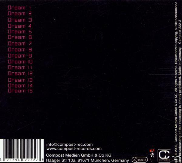 CD-Rückseite mit Titelliste, Copyright-Informationen und Barcode. Schwarzer Hintergrund, Dream-Titel in Pink.