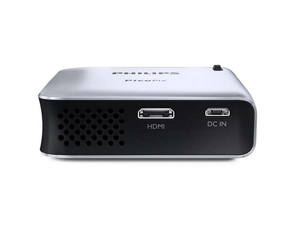 Egy kis, ezüst-fekete Philips projektor, HDMI és DC bemeneti portokkal.