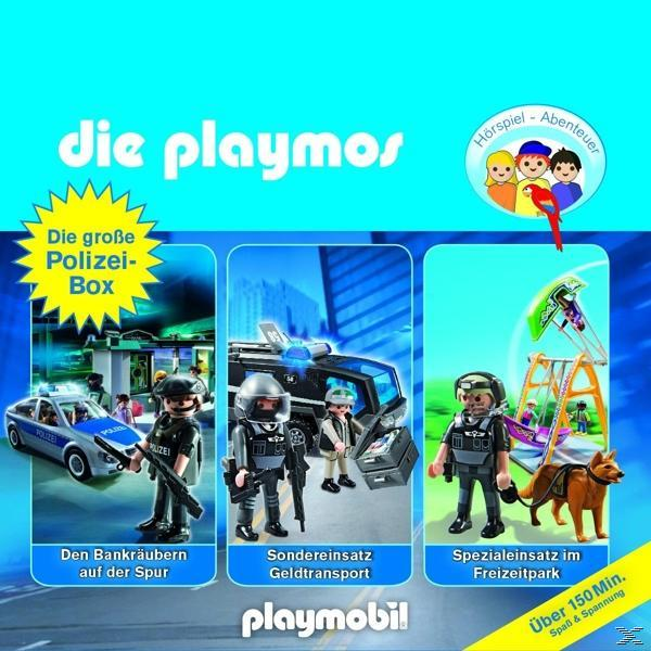 Playmobil-Box-Set mit Polizisten, Auto und Hubschrauber. Text auf Deutsch.