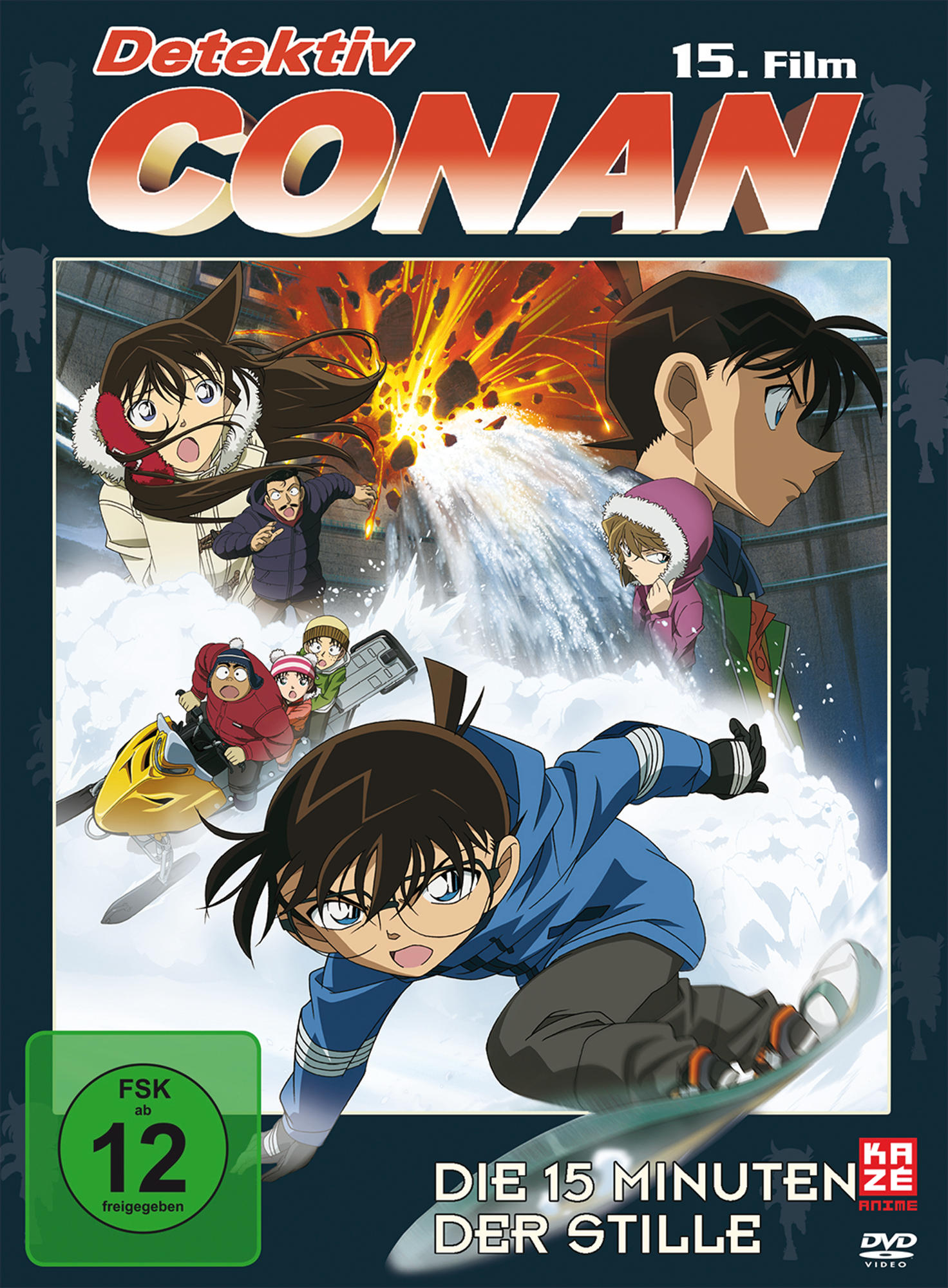 DVD-Cover: Detektiv Conan-Charaktere in einer Schneeszene, mit Explosionen und Text.