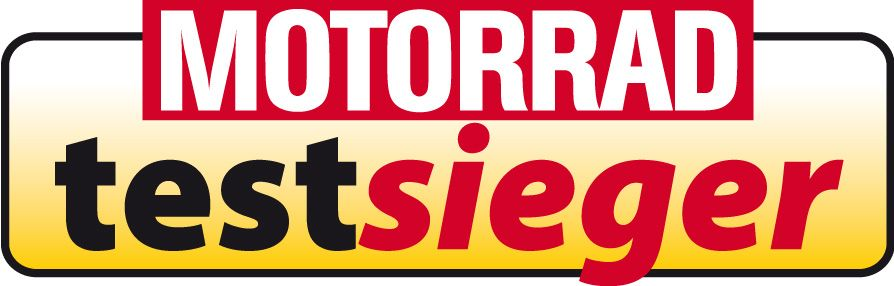 Motorrad Test Logo mit Testsieger Text. Gelber Hintergrund mit rotem Text.