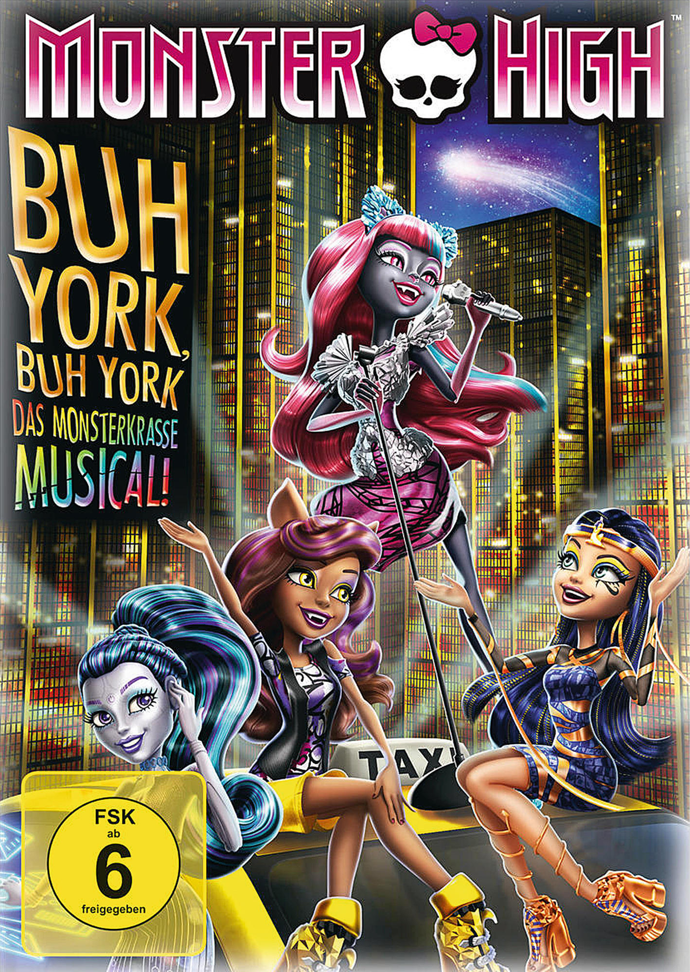 DVD-Cover: Animierte Monster-Mädchen vor Stadtkulisse, Titel 'Monster High'.