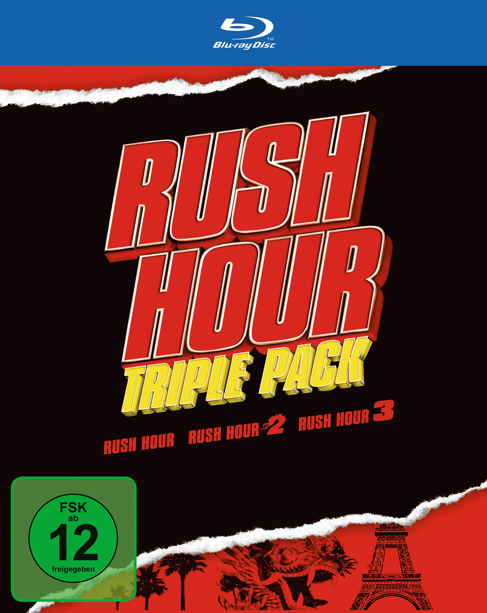 Rush Hour Triple Pack DVD-Cover. Enthält Filmtitel, Bilder von Charakteren und eine FSK 12-Bewertung.