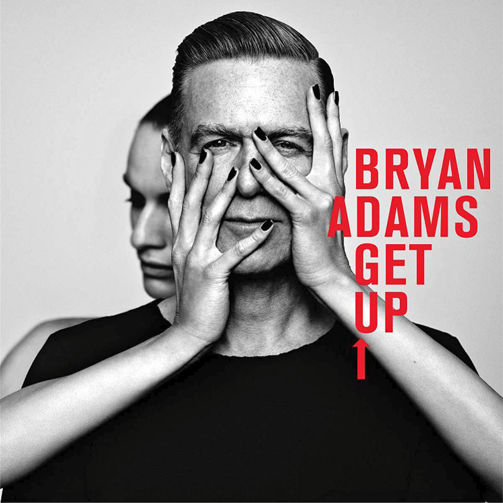 Bryan Adams Albumcover. Mann mit Händen vor dem Gesicht, schwarzer Nagellack. Text: BRYAN ADAMS GET UP.