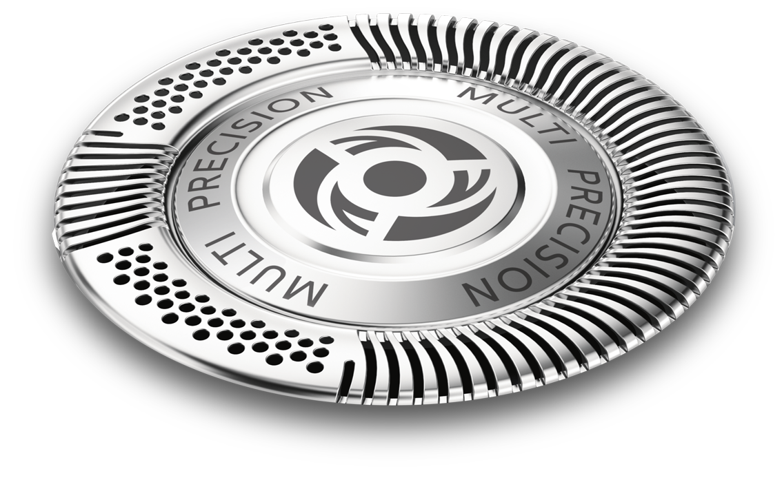 Close-up of a silver, multi-precision shaver head. The center has a logo and text around the edge.