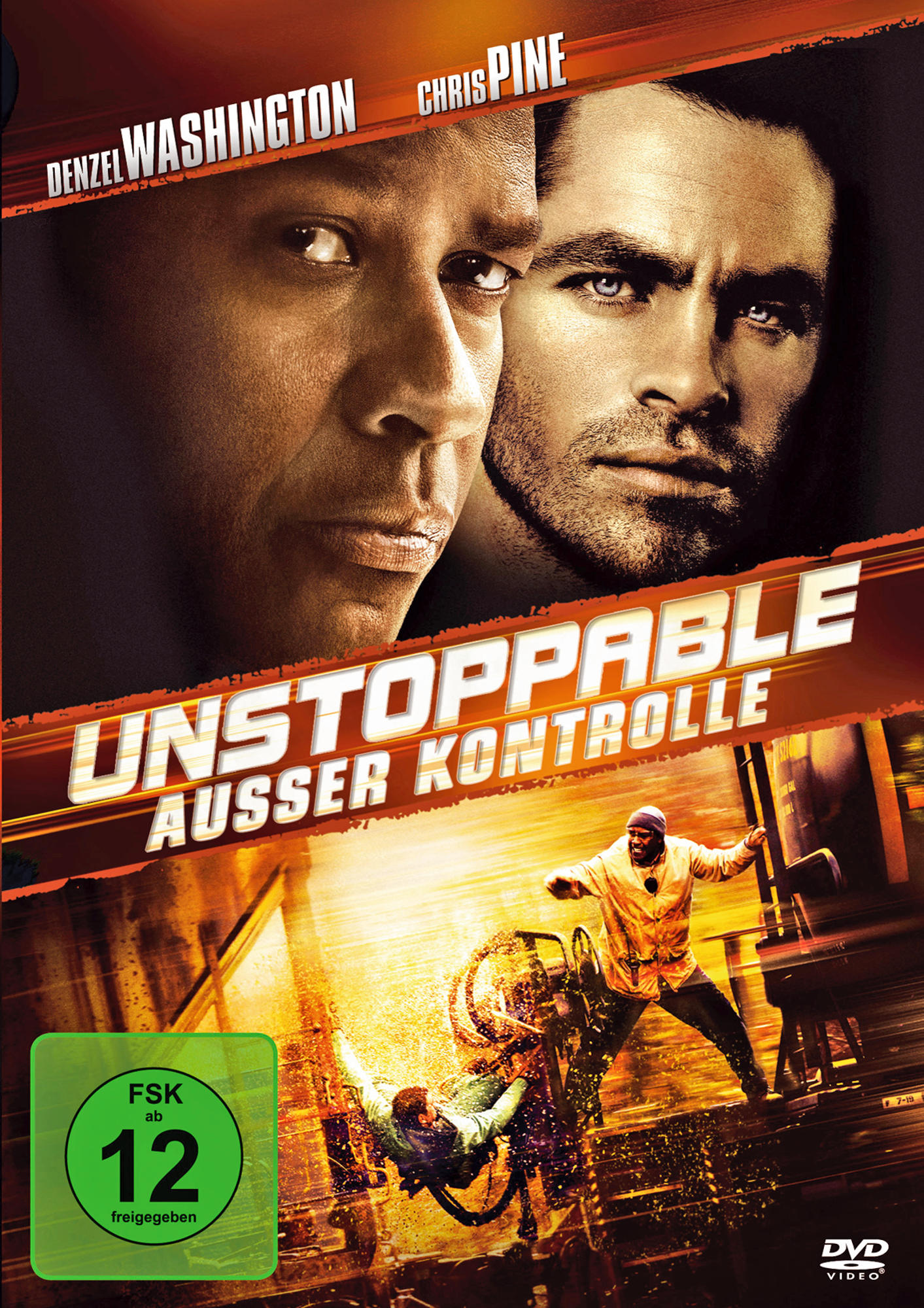 DVD-Cover: Film 'Unstoppable'. Denzel Washington und Chris Pine. Explosion und rennende Leute.