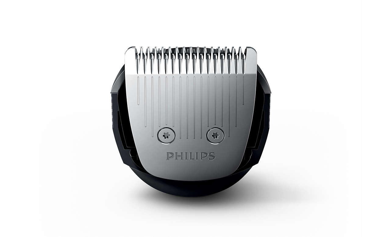 Philips Barttrimmerkopf, silberne Klinge, schwarzes Gehäuse, weißer Hintergrund.