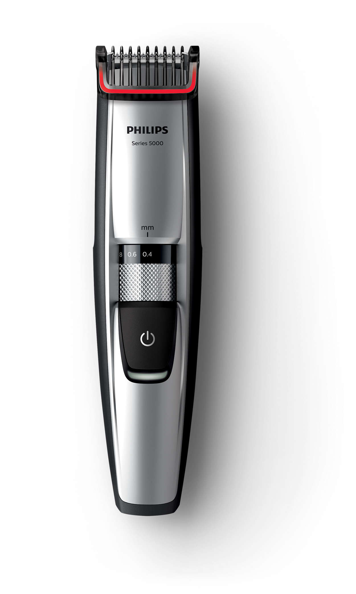 Silber-schwarzer Philips Bartschneider der Serie 5000 mit Einstellungen und Ein-Aus-Taste.