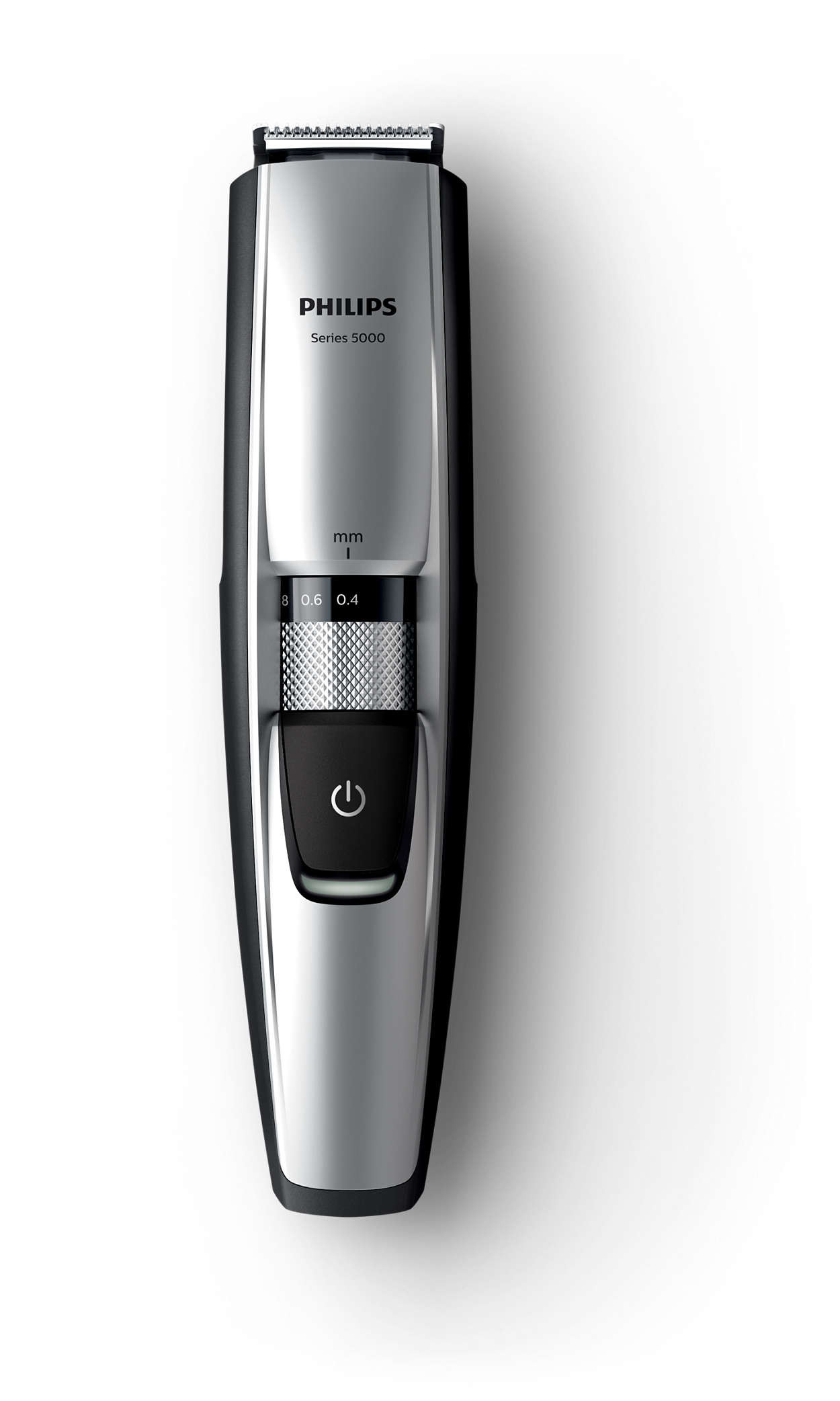 Silberner und schwarzer Philips Series 5000 Bartschneider. Einstellbare Einstellungen, Ein-/Aus-Taste, weißer Hintergrund.