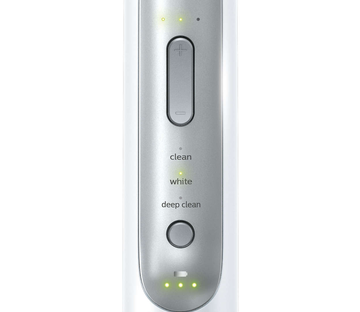 Eine elektrische Zahnbürste. Die Vorderseite hat Knöpfe und LED-Anzeigen.