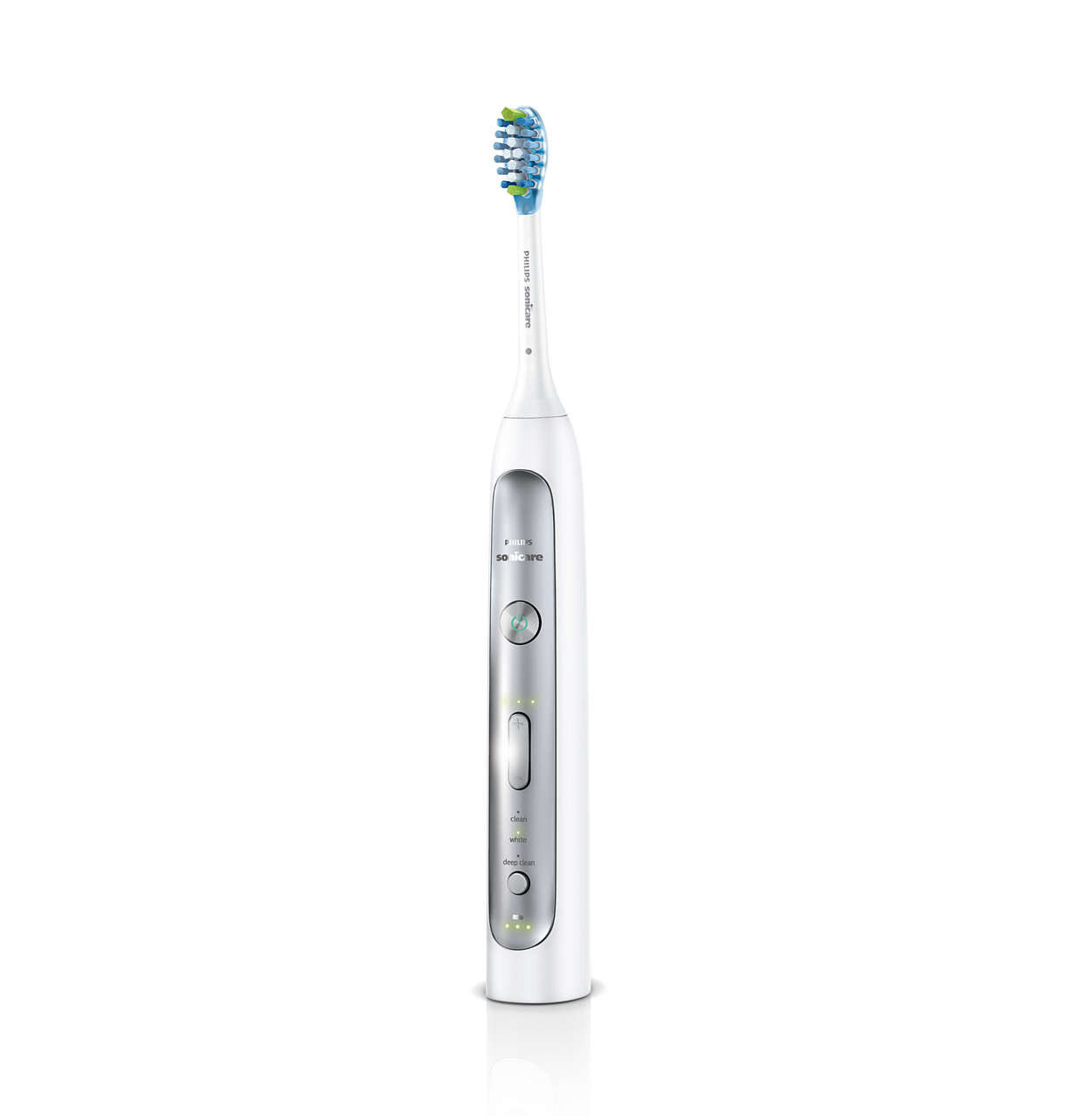 Weiße elektrische Zahnbürste mit blauem und grünem Bürstenkopf.