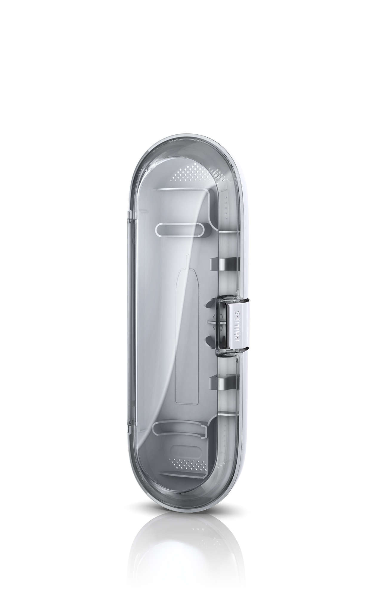 Weißes und transparentes Philips Zahnbürsten-Reiseetui mit Philips-Logo.