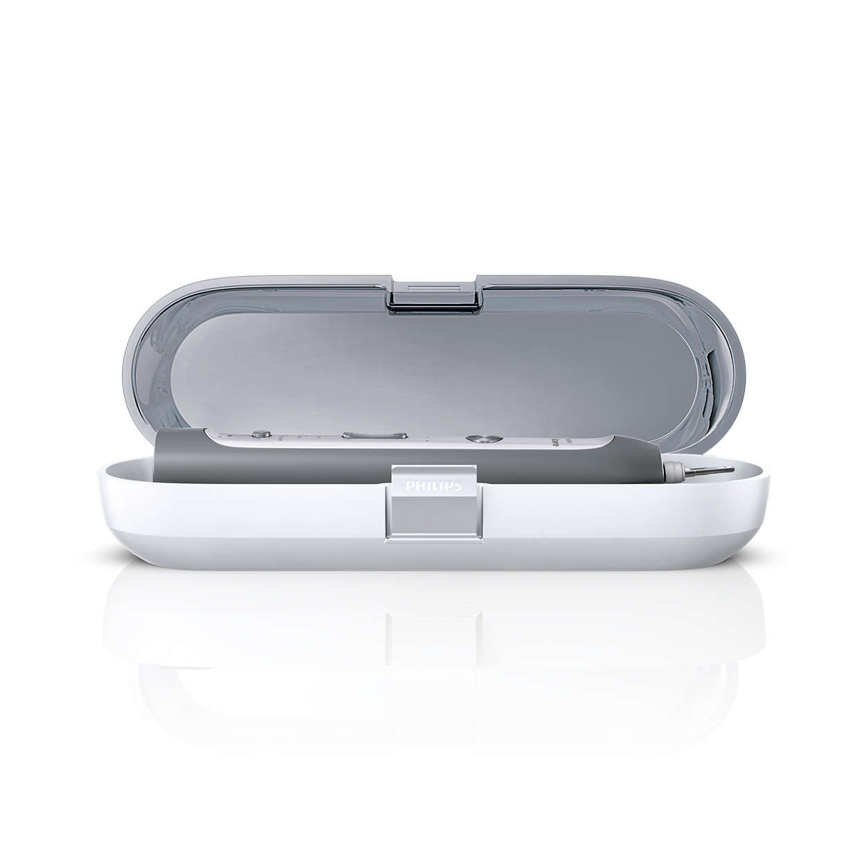 Elektrische Zahnbürste in ihrer weißen und grauen Reisehülle. Die Hülle ist geöffnet.