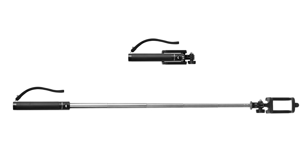 Twee selfiesticks op een witte achtergrond. Eén is opgevouwen en de ander is uitgeschoven.