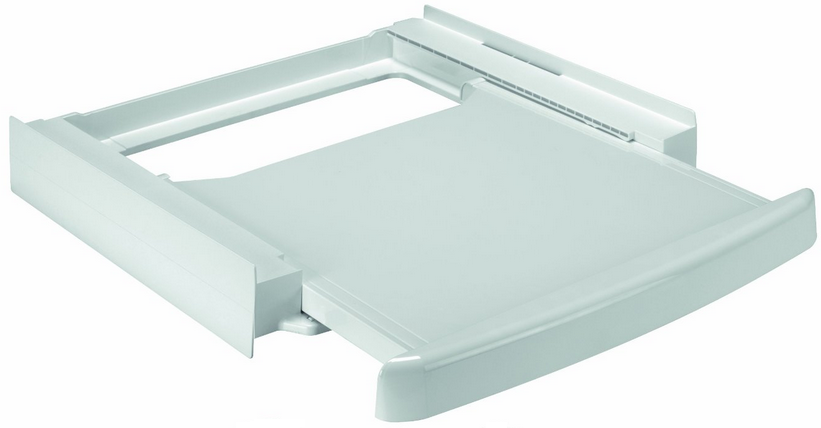Un appareil blanc rectangulaire en forme de tiroir avec un plateau coulissant, probablement pour une machine à laver.
