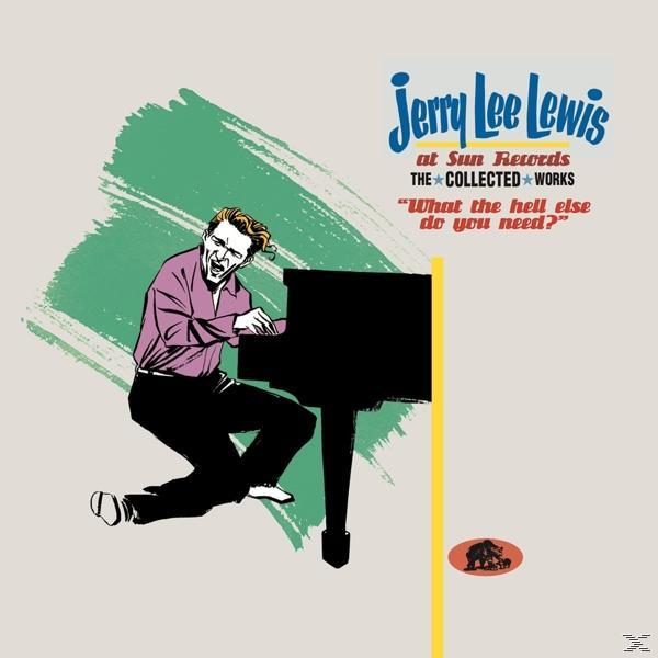 Jerry Lee Lewis am Klavier auf grünem und cremefarbenem Hintergrund, mit Text.