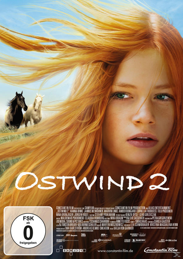 Filmplakat 'Ostwind 2' mit einer jungen Frau mit roten Haaren und drei Pferden im Hintergrund.