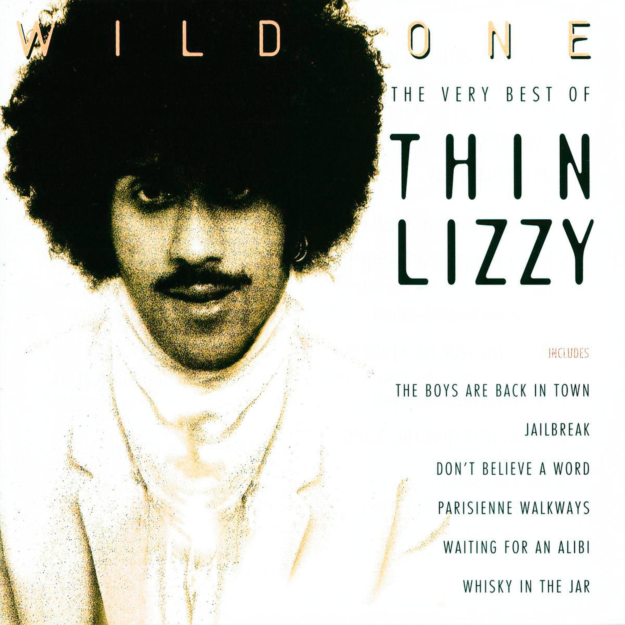 Albumcover mit einem Mann mit Afro-Haaren und Text: Wild One, The Very Best of Thin Lizzy. Enthält Jailbreak und andere.