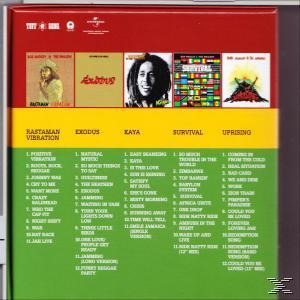 CD-Box-Set-Cover mit Bob Marley Albumcovern und Tracklisten. Gelb, grün und rot.