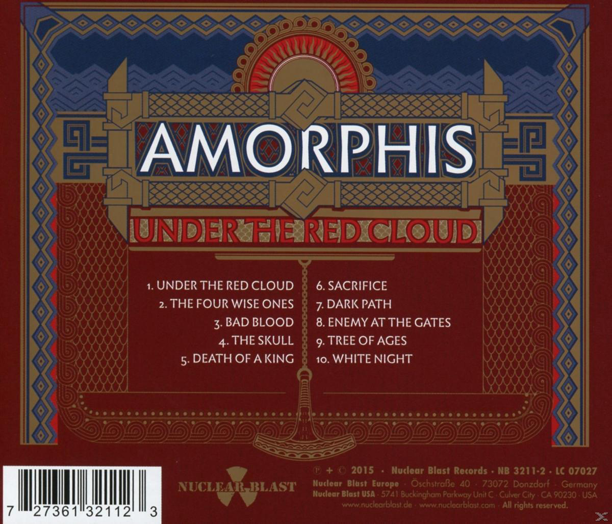 Album borító. Arany, piros és kék design, dalok listájával. Előadó: Amorphis, album címe: Under the Red Cloud.
