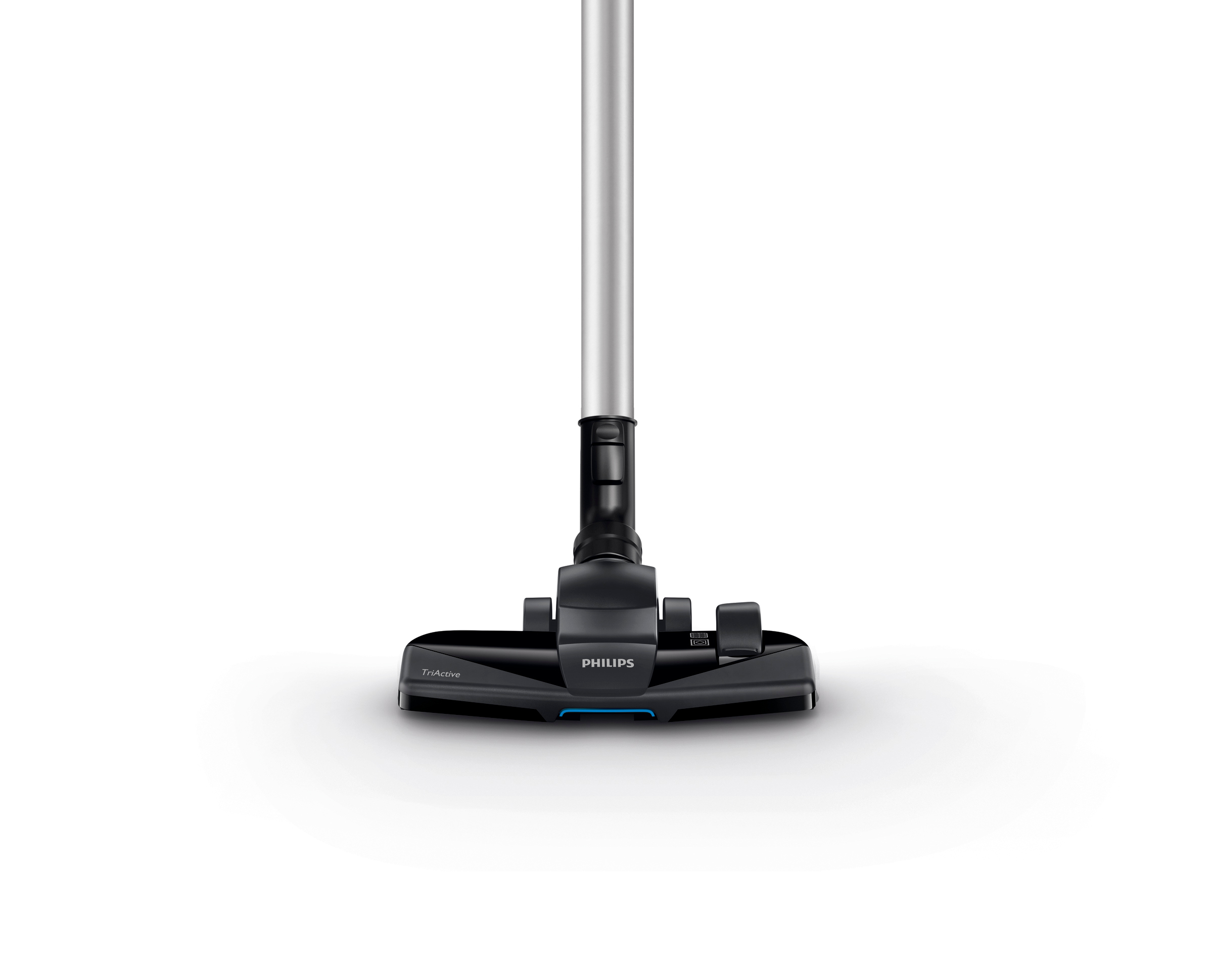 Ein Philips Staubsauger auf weißem Hintergrund. Er ist schwarz und silber, mit dem Markenlogo.