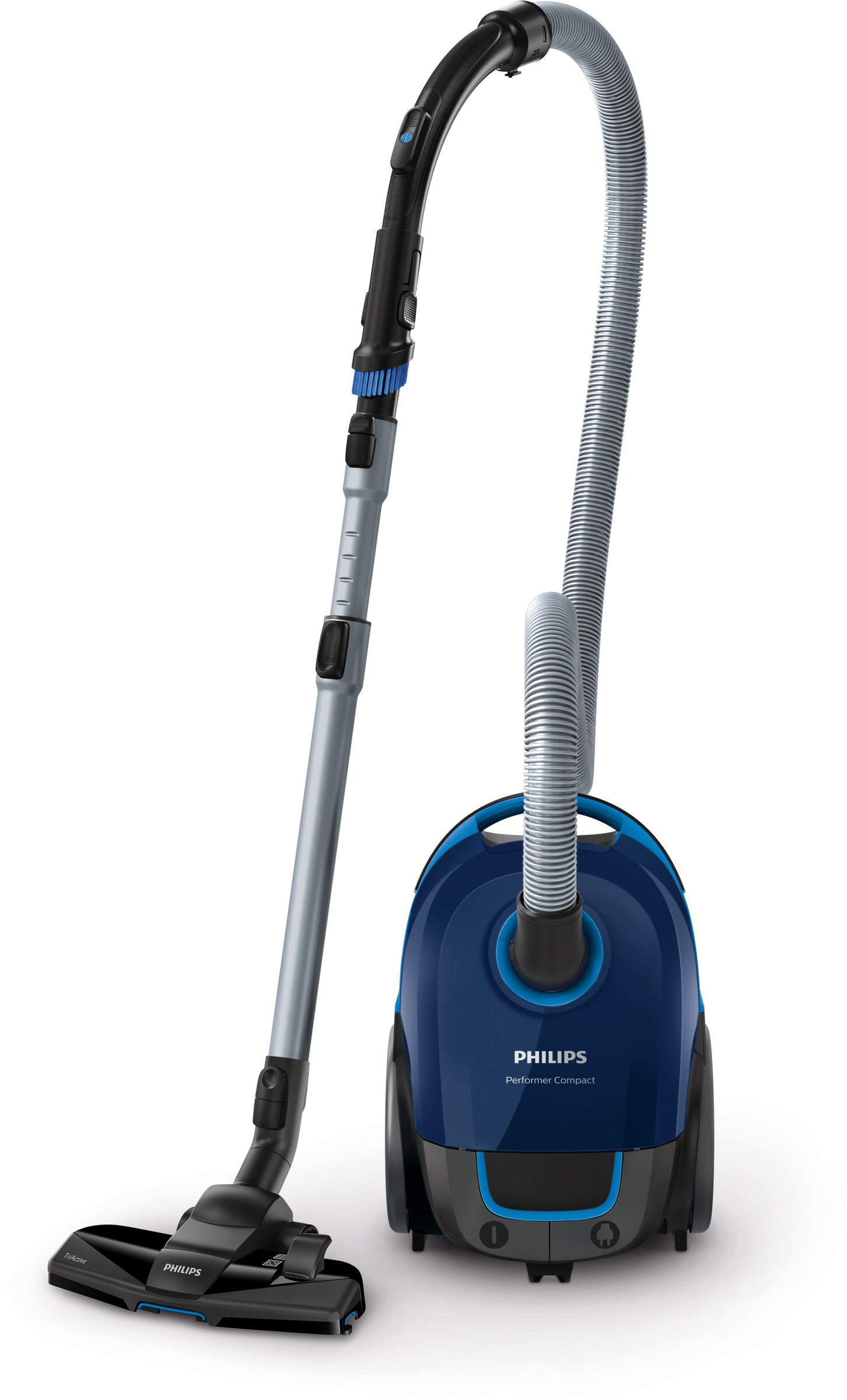 Ein blau-grauer Philips Performer Compact Staubsauger. Er hat einen Schlauch, eine Stange und einen Reinigungskopf vor weißem Hintergrund.