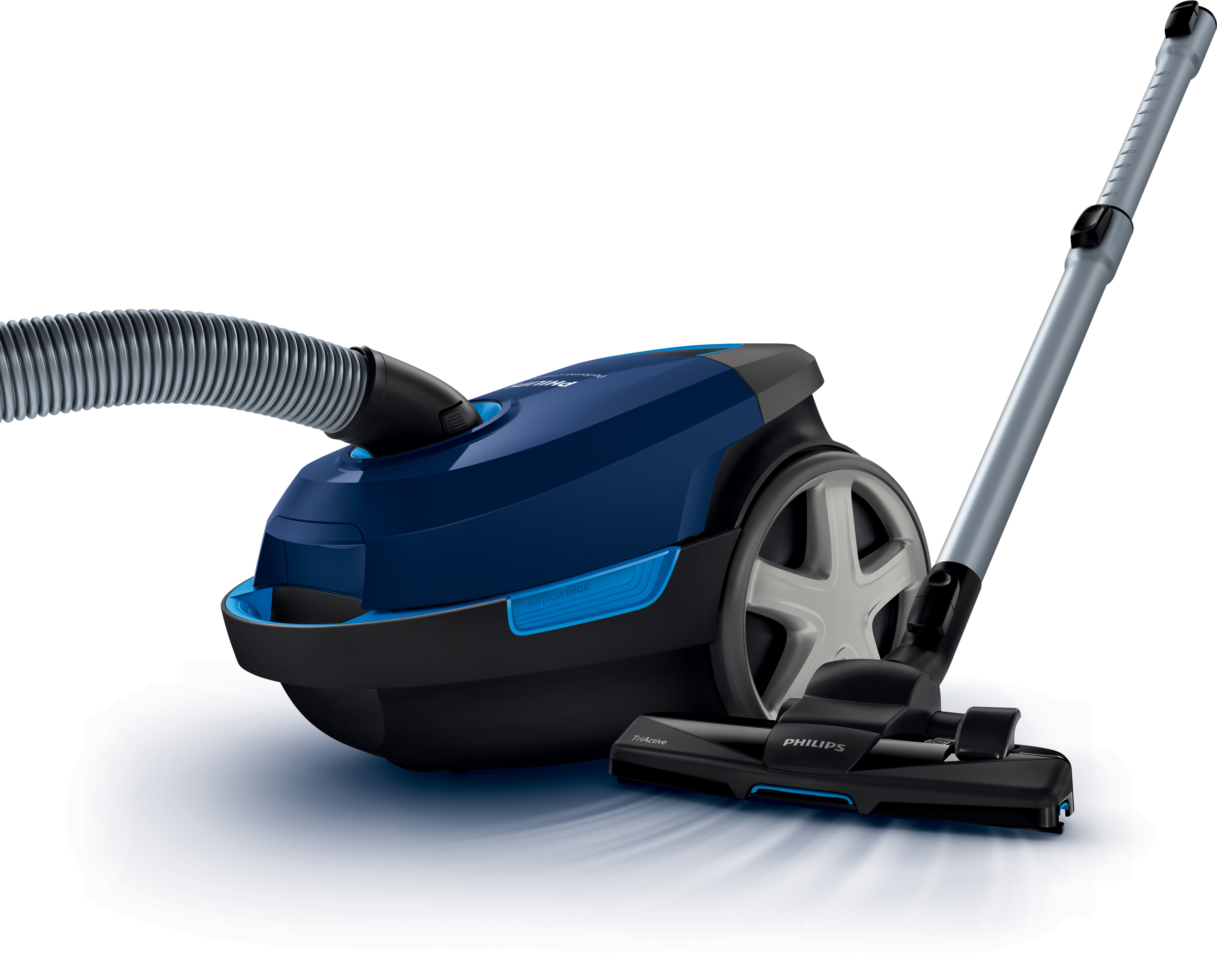 Ein blauer und schwarzer Philips Staubsauger mit silbernem Griff und Schlauch. Auf weißem Hintergrund.