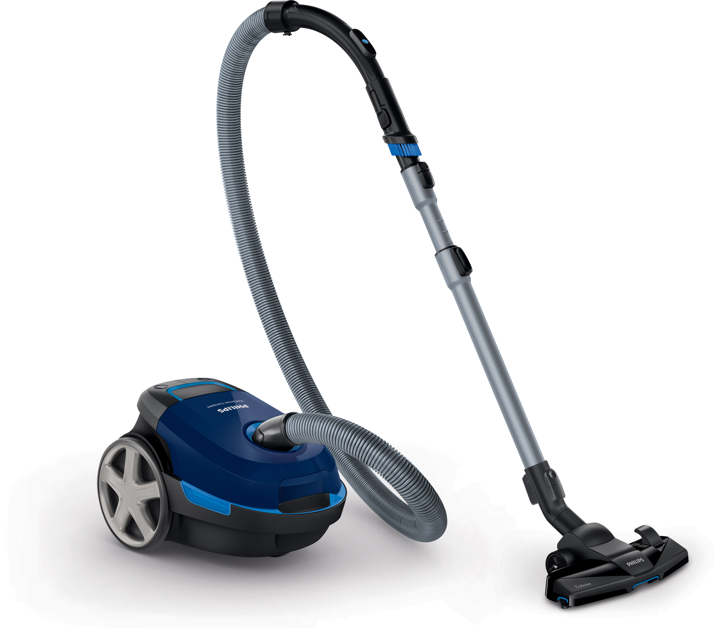 Blauer und schwarzer Philips Staubsauger mit silbernem Schlauch und Düse auf weißem Hintergrund.