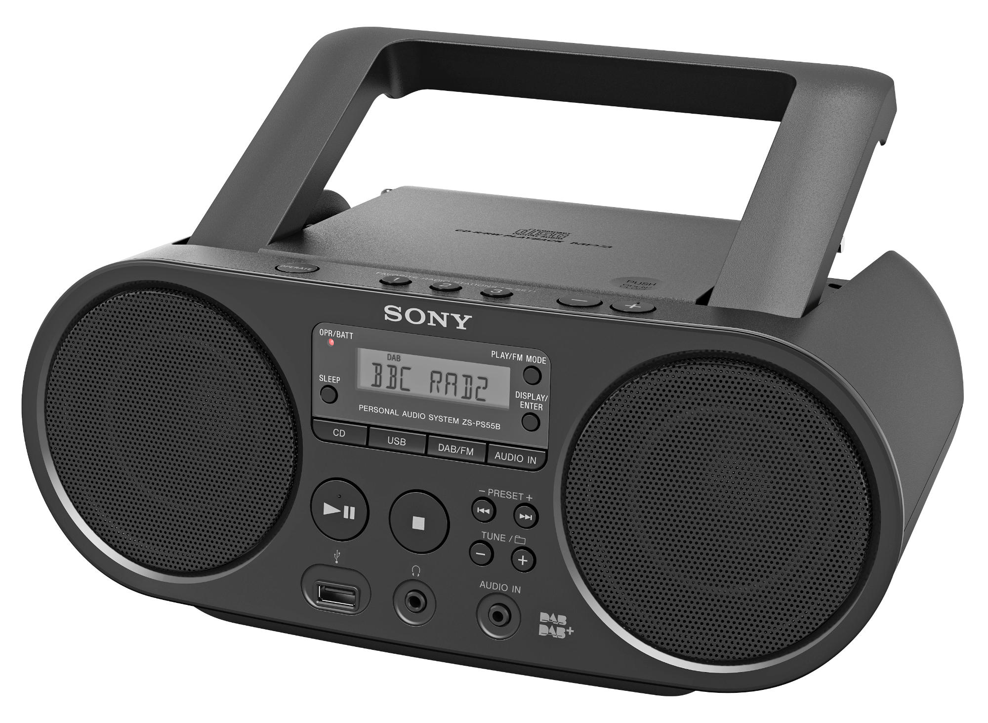 Système audio personnel Sony. Noir, avec haut-parleurs des deux côtés, boutons et une poignée sur le dessus.