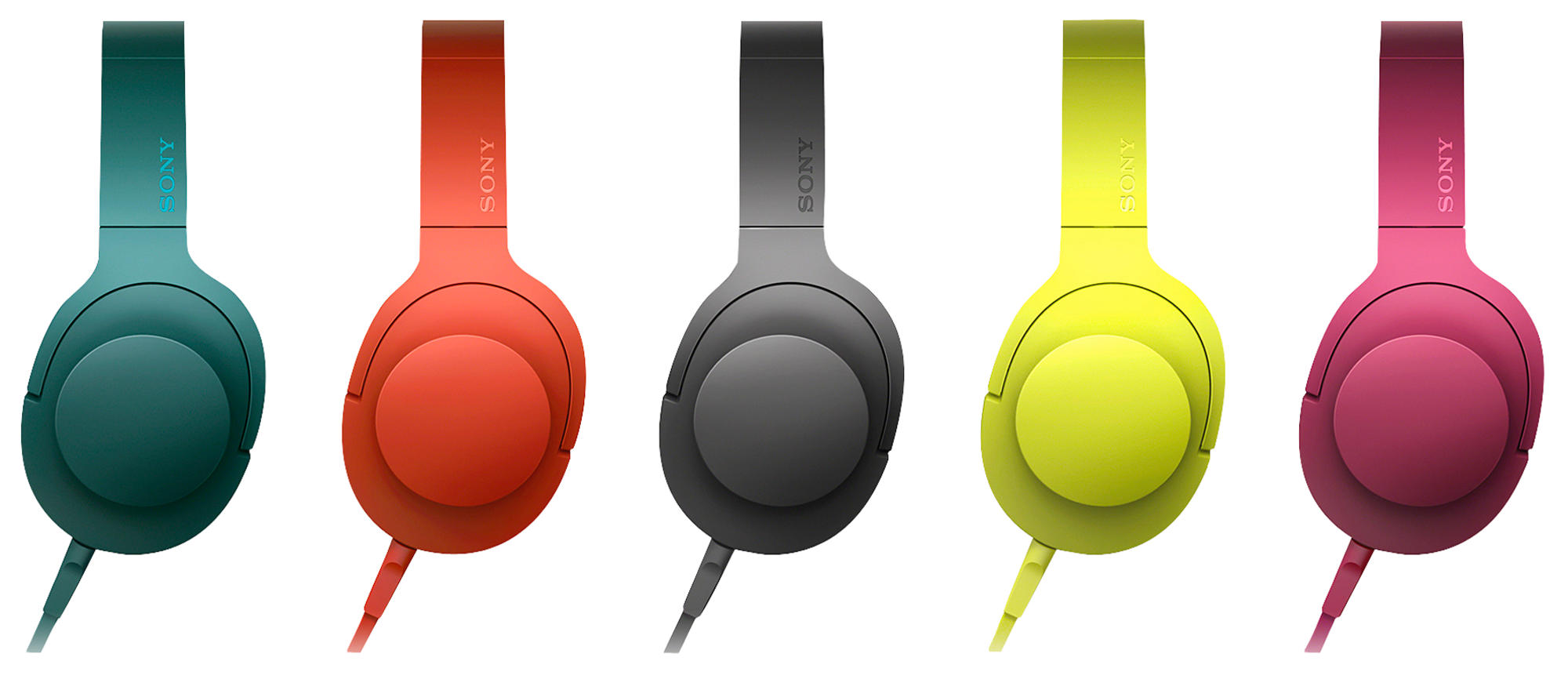 Fünf bunte Kopfhörer in einer Reihe: Türkis, rot, grau, gelb und pink. Sony-Logo sichtbar.