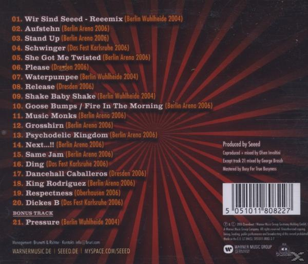 CD-Rückseite mit Titelliste in Rot und Orange. Produktionsgutschrift rechts.